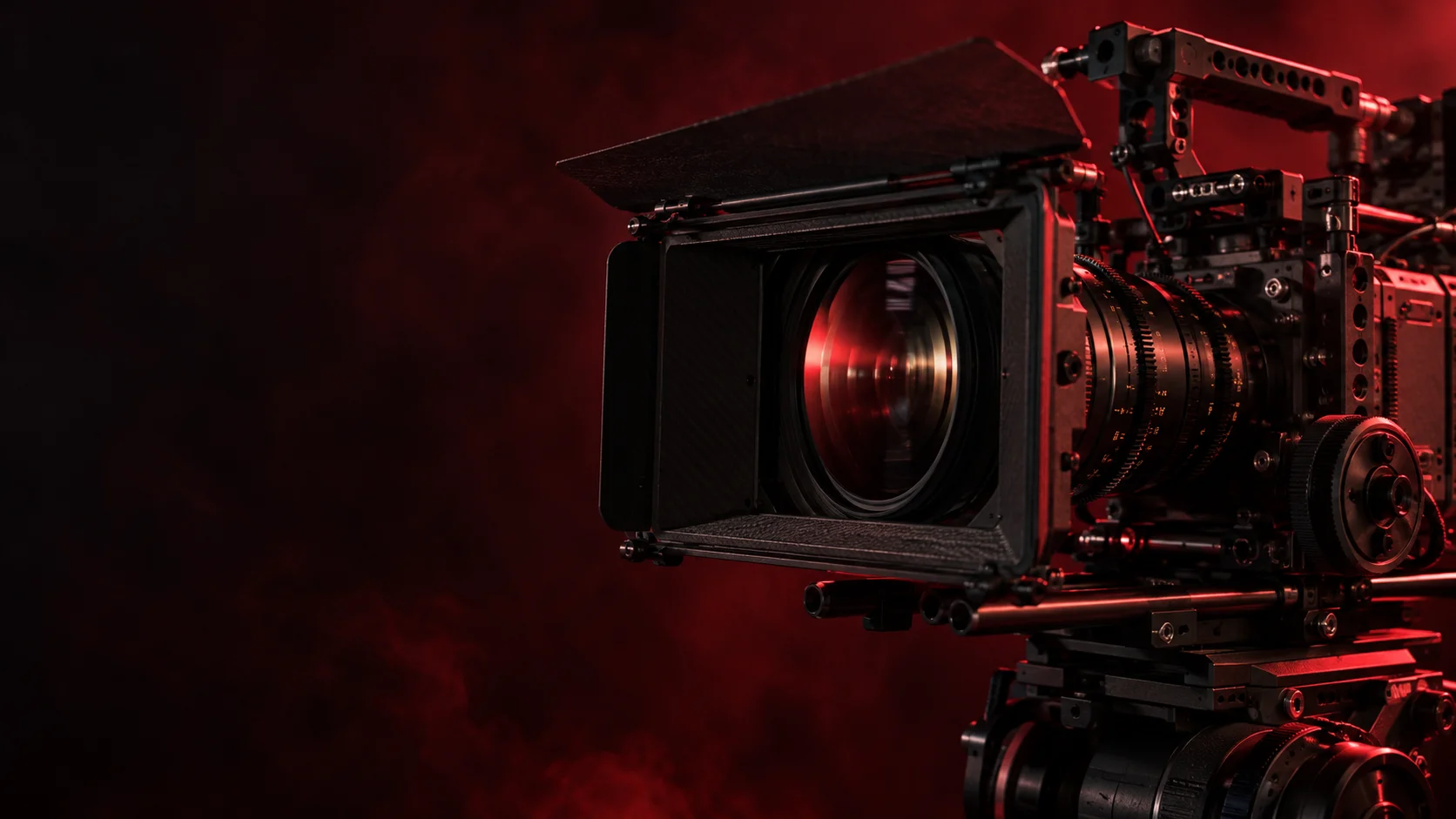 Kırmızı stüdyo ışığında profesyonel sinema kamerası
